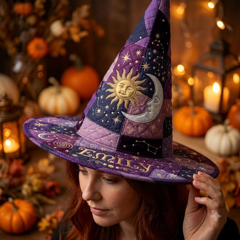Puede incluir: Un sombrero de bruja acolchado en tonos morado y azul marino, con motivos bordados de sol dorado y luna plateada, patrones de estrellas celestiales y el nombre Emily bordado en hilo dorado a lo largo del ala ancha y estructurada.