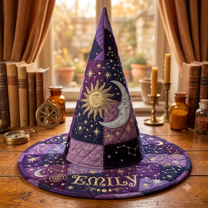 Puede incluir: Un sombrero puntiagudo acolchado en tonos morados y azul oscuro, con motivos bordados de sol dorado y luna plateada, patrones de estrellas celestiales y el nombre Emily cosido en hilo dorado a lo largo del ala ancha y circular.