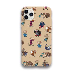 May include: Tan phone case featuring a repeating pattern of cartoon mice in various poses and outfits. The mice are in shades of brown, blue, purple, and green. The case has a glossy finish and a camera cutout.