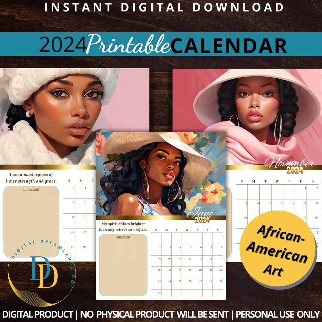 2024 Calendar Printable, African American Art Calendar, Monthly