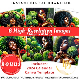 Lot d'oeuvres d'art IA - 6 images haute définition d'une femme afro-américaine et d'une majesté florale, plus un modèle de calendrier modifiable pour 2024.