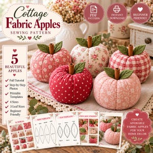 Cottage Fabric Apple Sewing Pattern PDF, Stuffed Apple Decor, 5 Fabric Apples, Printable Templates, Fall Farmhouse Decor