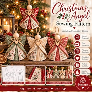 Può includere: Un cartamodello digitale per decorazioni natalizie a forma di angelo, con quattro varianti dotate di ali in tessuto, teste in perline di legno e cordini. L'immagine include il testo Christmas Angel Sewing Pattern, modelli stampabili e guide.