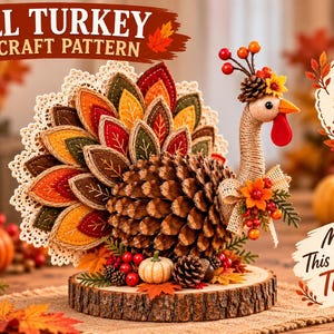 May include: A DIY craft pattern for a turkey decoration featuring a pinecone body, felt leaf tail, and twine-wrapped neck. The text reads FALL TURKEY DIY CRAFT PATTERN, DIGITAL DOWNLOAD, STEP-BY-STEP INSTRUCTIONS, FULL-SIZE TEMPLATES, DETAILED PHOTOS, PERFECT FOR FALL DECOR, and Make This Beautiful Turkey!