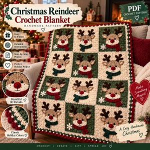 Può includere: Uno schema per coperta all'uncinetto con una griglia di quadrati raffiguranti volti di renna, ognuno con una sciarpa rossa o verde. Il design include fiocchi di neve bianchi, un bordo smerlato rosso e il testo Christmas Reindeer Crochet Blanket.