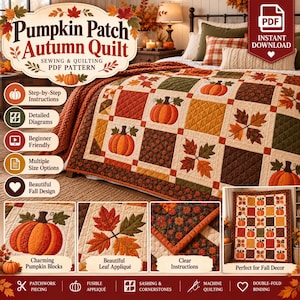 May include: A quilt pattern titled Pumpkin Patch Autumn Quilt featuring a grid of squares with orange pumpkin motifs and autumn leaf designs in shades of brown, orange, and cream. The PDF pattern includes instructions, diagrams, and layout options.