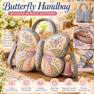 Può includere: Una borsa trapuntata a forma di farfalla con un motivo floreale blu, rosa e verde. La borsa include un manico superiore, una tracolla regolabile e una nappa rosa. Il testo recita Butterfly Handbag Quilted Sewing Pattern.