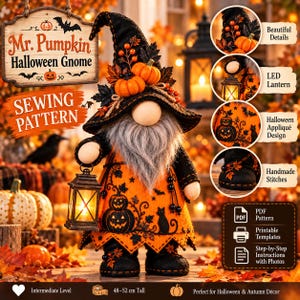 Pode incluir: Um molde de costura Mr. Pumpkin Halloween Gnome com um gnomo de chapéu preto, abóboras laranja e barba cinzenta. O gnomo segura uma lanterna acesa. A imagem inclui texto, ícones de PDF e uma medida de 48-52 cm de altura.