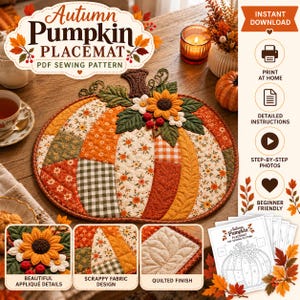 Pumpkin Table Mat Sewing Pattern PDF, Fall Table Topper, Quilted Pumpkin Pattern, Thanksgiving Decor, Patchwork Sewing