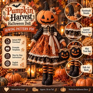 May include: A fabric Halloween doll with a pumpkin head, wearing a layered dress with lace trim, holding a mini pumpkin treat bag, and wearing black boots. The doll features orange and black colors, with text reading Pumpkin Harvest Halloween Doll.