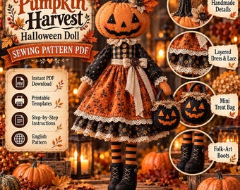 Wzór do szycia lalki „Zbiory Dyni” w formacie PDF, lalka z materiału na Halloween, lalka z głową dyni, wzór na jesienną dekorację, szycie lalki materiałowej