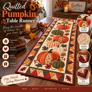 May include: A rectangular quilted table runner featuring a central row of fabric pumpkins in orange, green, and white, surrounded by autumn leaves and berries. The border consists of a colorful patchwork pattern with mitered corners.