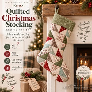 May include: A quilted Christmas stocking sewing pattern featuring a patchwork design of triangles in red, green, and cream fabrics with floral and geometric prints. The stocking has a solid green cuff and includes text for a PDF pattern download.