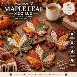 May include: A set of four quilted fabric mug rugs shaped like maple leaves in autumn colors including orange, red, green, and cream. Each coaster features intricate stitching and a patchwork design with floral and textured patterns on the fabric.