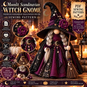 Peut inclure: Un patron de couture pour gnome sorcière scandinave au clair de lune, avec un grand chapeau noir orné de breloques lune et étoile dorées, des fleurs violettes et de longs cheveux tressés. Le gnome porte une robe violette avec dentelle noire.