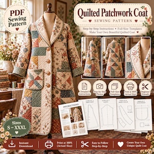 May include: A PDF sewing pattern for a quilted patchwork coat featuring a shawl collar and two front pockets. The coat displays a multi-coloured floral and geometric block pattern. Includes instructions, full-size templates, and sizes S to XXXL.