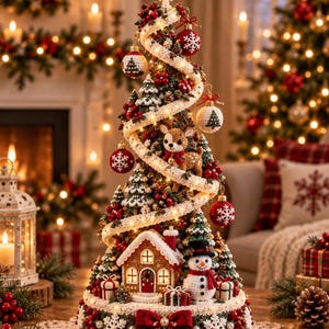 May include: A decorative tabletop Christmas tree crafted with intricate crochet details, featuring a spiral ribbon, red ornaments with white snowflakes, a small crocheted deer, a gingerbread house, a snowman, and a large white snowflake topper.