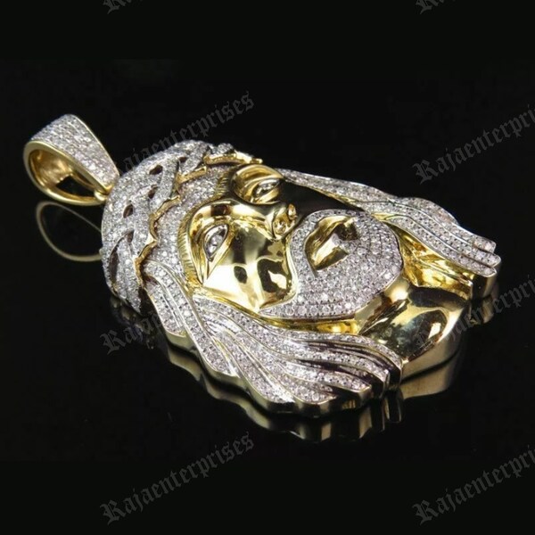 Pendentif en forme de coeur de Jésus avec breloque hip hop en moissanite véritable de 4,00 cts brillant, finition or jaune 14 carats - Cadeau spécial Noël pour elle