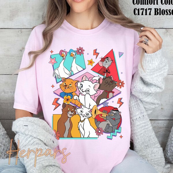 Disney Retro 90s Style Group Shot The Aristocats Characters T-shirt, Marie Duchess Tee, WDW Magic Kingdom Disneyland Holiday Family Gift