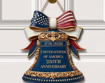 Liberty Bell Sign: 1776-2026 USA 250th Anniversary Wooden Sign, Patriotic Door Hanging Decor, American Flag Floral Wall Sign ID-0325-DBAD