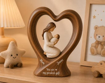Personalized Mother and Baby Wooden Heart Block, Custom New Mom Gift 1st Mothers Day Present from Baby Keepsake, Mom and Baby Keepsake UPH-2