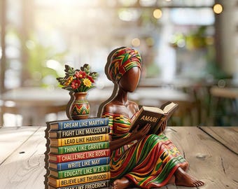 Personalized African American Woman Reading Wooden Block, Black Girl Reading Books Wooden Plaque, Afrocentric Gifts For Her ID-0406-N8OD