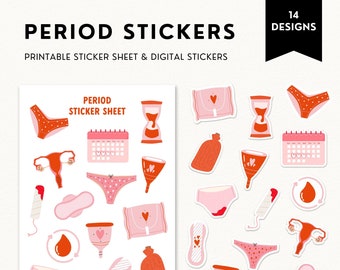 Period Stickers, Printable Period Sticker Sheet, Digital Planner Menstruation Digital Stickers for Goodnotes Period Journal Scrapbook