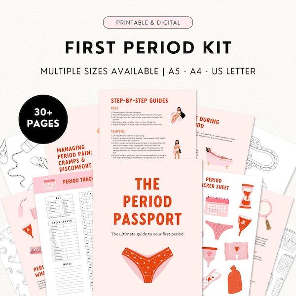 Eerste periodekit, menstruatiestartpakket, afdrukbare periodetracker, digitale periodestickers, verzorgingspakket Essentials, meisjescyclustracker