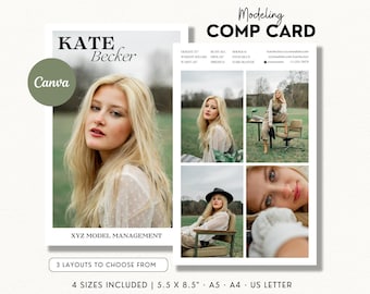Modeling Comp Card Template, Zed Card, Editable Model Comp Card, Customizable Comp Card Canva Template, Modelling Fashion Portfolio Card