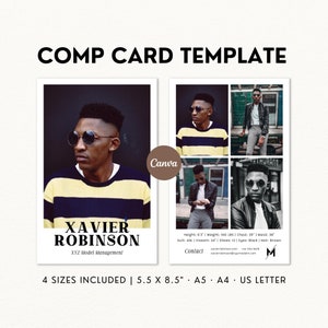 Male Model Comp Card Template, Modeling Comp Card Canva Template, Modelling Fashion Resume Portfolio, Composite Card, Z Card, Zed Card