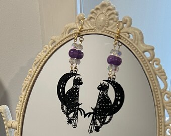Lunar Guardian Drop Earrings | handmade earrings | jewellery | cat on a moon |