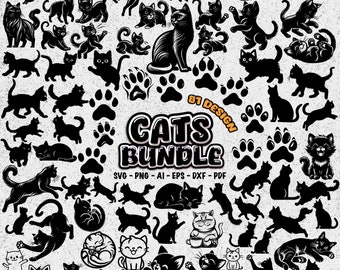 Kattensilhouet | Cat Vector SVG-bundel | Schattige kat-clipart | Kattenpootvector | Clipart kattengezicht