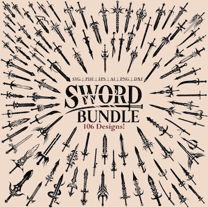Puede incluir: Una colección de 106 diseños de espadas en blanco y negro. Las espadas están dispuestas en un círculo alrededor del texto "SWORD BUNDLE 106 Designs!"