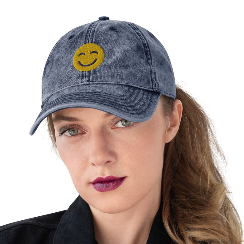 Embroidered Happy Face Vintage Cotton Twill Baseball Cap Etsy