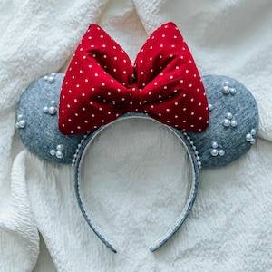 Classic Denim + Pearls Minnie Mouse Ears Headband