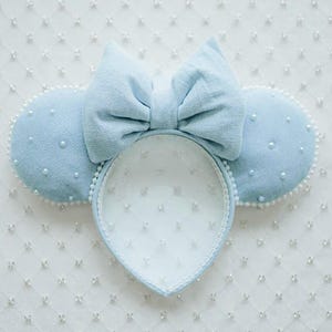 Denim White Pearl Minnie Mouse Ears Headband