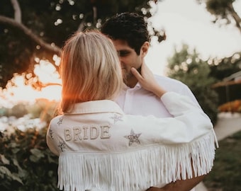 Personalized White Fringe Denim Jacket | Bride Pearl Jean Jacket