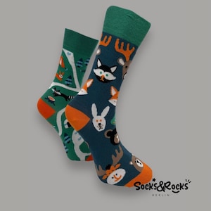 Waldtiere Socken | Nicht passende Socken | Tier Socken | Kaninchen-Socken | Fuchs Socken | Waschbär Socken | Hirsch Socken | Herrensocken | Lustige Socken