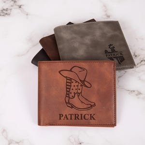 Cowboy Western Leather Wallet, Personalized Rustic Gift, Custom Engraved Bifold ID Long Card Wallet, Country Western Gift for Him