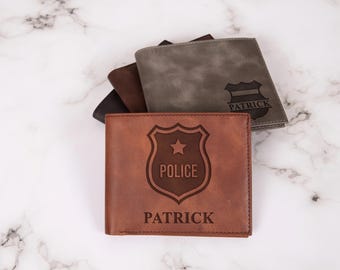 Police Officer Leather Wallet,Custom Law Enforcement Gift, Custom Engraved Bifold ID Long Card Wallet, Cop Gift for Him, Police Academy Gift