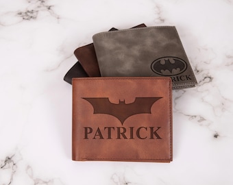 Bat Leather Wallet, Personalized Superhero Gift, Custom Engraved Bifold ID Long Card Wallet, Dark Knight Gift for Him, Comic Fan Gift