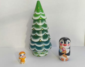 Kerstboomnestpoppen, pinguïn sneeuwpop houten nestset, handgeschilderd kerstdecor, vakantiecadeau, winterhuisdecoratie