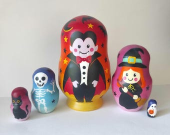 Halloween Nesting Dolls Set, Hand Painted Wooden Halloween Decor, Witch Dracula Skeleton Ghost Cat, Halloween Gift for Kids