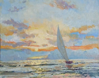 Pintura de paisaje marino Pintura de velero ORIGINAL arte de pared amanecer
