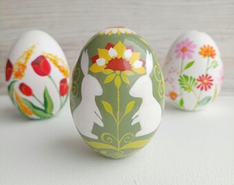 Huevos de madera pintados a mano, decoración de Pascua, conejito floral, regalo de primavera, decoración del hogar, 2,6 pulgadas