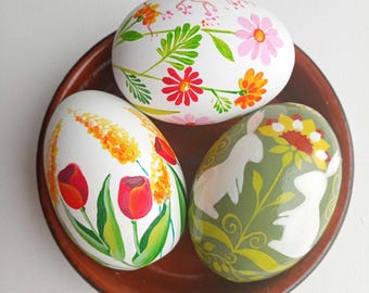 Wooden Easter Eggs Set of 3, Hand Painted Pysanka Decor, Spring Floral Egg, Bunny Easter Decoration, Ukrainian Easter Gift