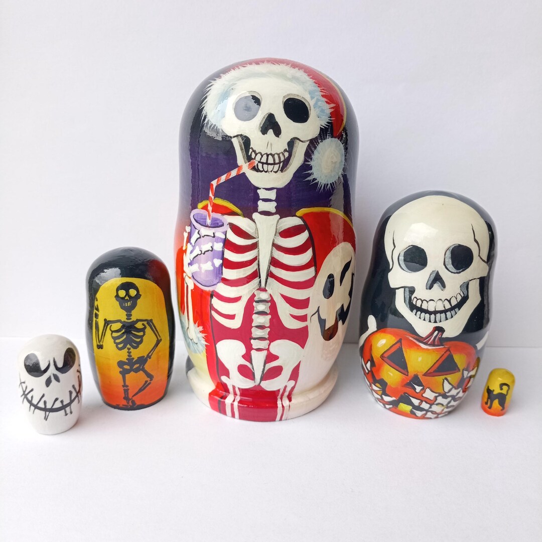 Hand-painted Halloween Skeleton Nesting Dolls: Spooky Wooden Matryoshka ...