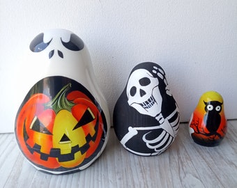 Bambole russe di legno di Halloween: Fantasma, Zucca, Scheletro
