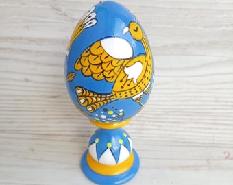 Wooden Easter Egg Decor Ukrainian Folk Art Hand Painted Egg on Stand Spring Home Decor