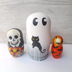 Ghost Nesting Dolls Hand-Painted Halloween Wooden Toy Christmas Fall Gift for Kids Room Decor Pagan Montessori